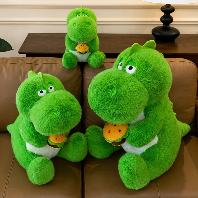 Cute Green Dinosaur Plush Toy Soft Stuffed Dino Holding Hamburger 65cm