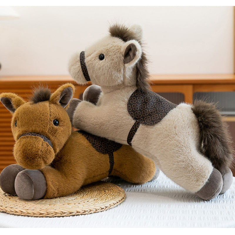 Cute Lying Horse Plush Toy Soft Brown Stuffed Animal with Saddle Detail 60cm