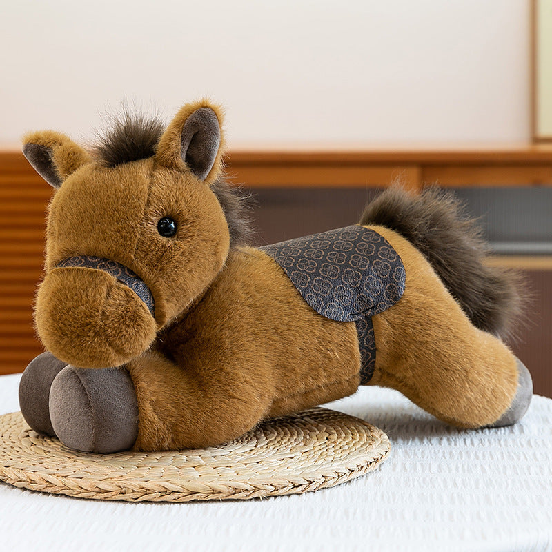 Cute Lying Horse Plush Toy Soft Brown Stuffed Animal with Saddle Detail 60cm