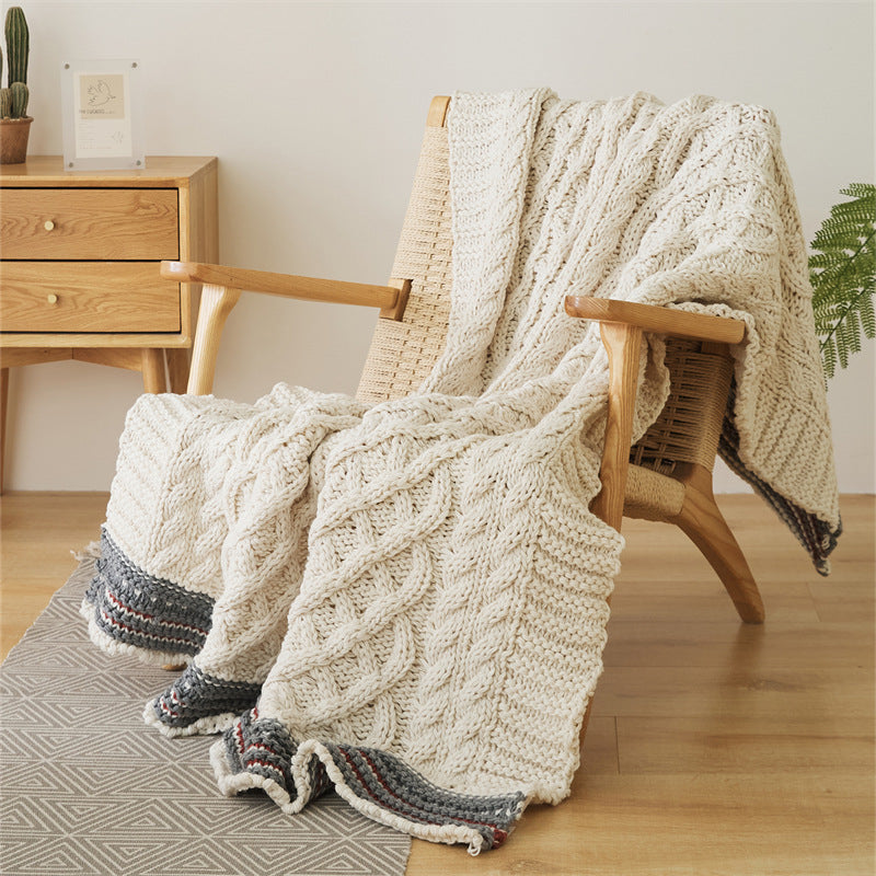 Soft Acrylic Throw Cable Knit Blanket Beige with Striped Border 130x160cm