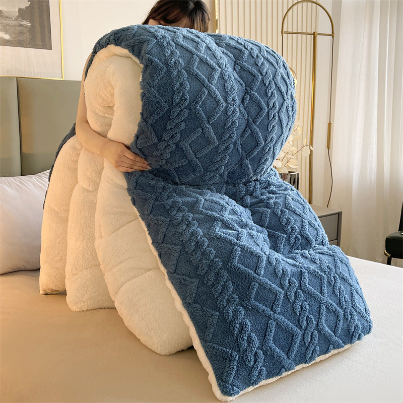 Winter Warm Comforter Sherpa Fleece Reversible Diamond Plush Blanket 200x230cm Blue