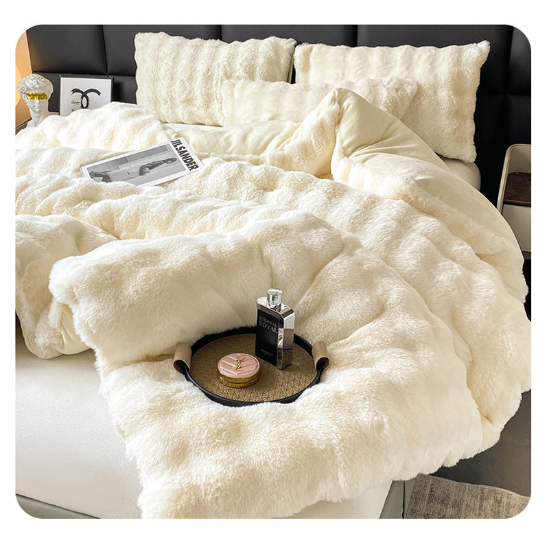Thick Winter Faux Bubble Rabbit Fur Blanket Comforter Quilt Cream 200×230cm