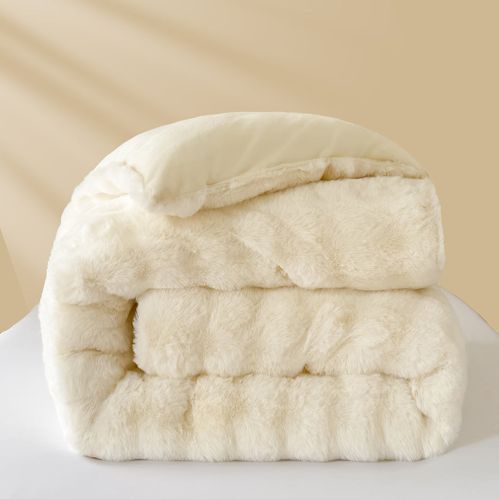 Thick Winter Faux Bubble Rabbit Fur Blanket Comforter Quilt Cream 200×230cm