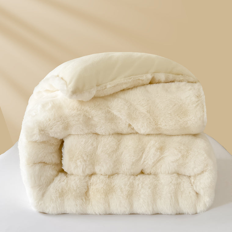 Thick Winter Faux Bubble Rabbit Fur Blanket Comforter Quilt Cream 200×230cm