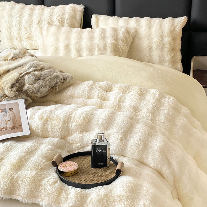 Thick Winter Faux Bubble Rabbit Fur Blanket Comforter Quilt Cream 200×230cm