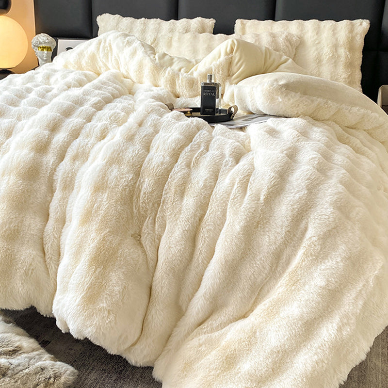 Thick Winter Faux Bubble Rabbit Fur Blanket Comforter Quilt Cream 200×230cm