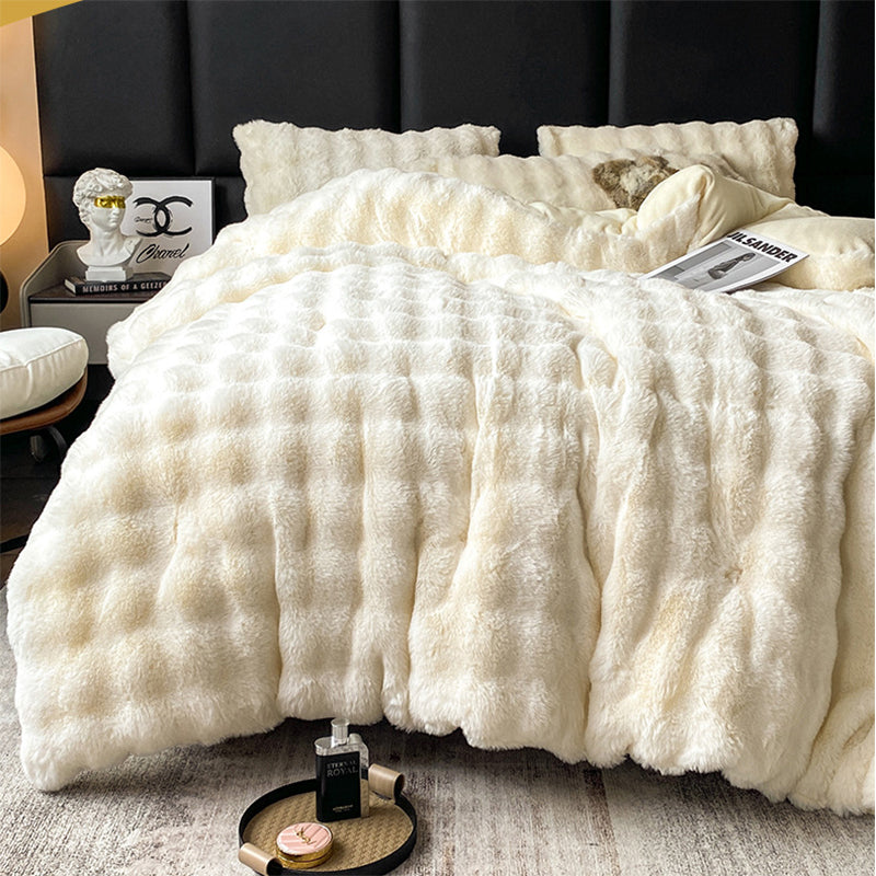 Thick Winter Faux Bubble Rabbit Fur Blanket Comforter Quilt Cream 200×230cm