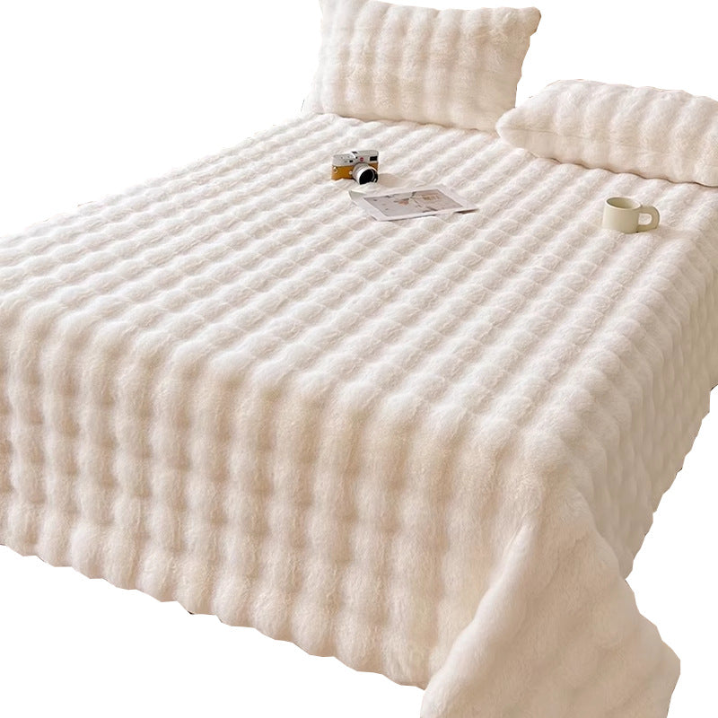 Luxury Thick Faux Fur Blanket Soft Plush Throw with Cushion Cream White