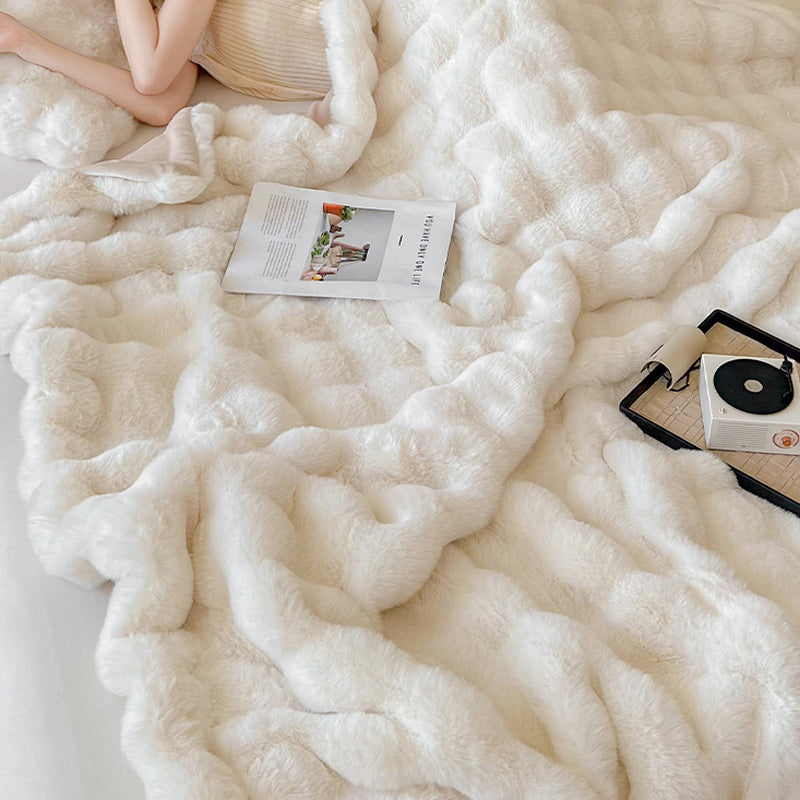 Luxury Thick Faux Fur Blanket Soft Plush Throw with Cushion Cream White