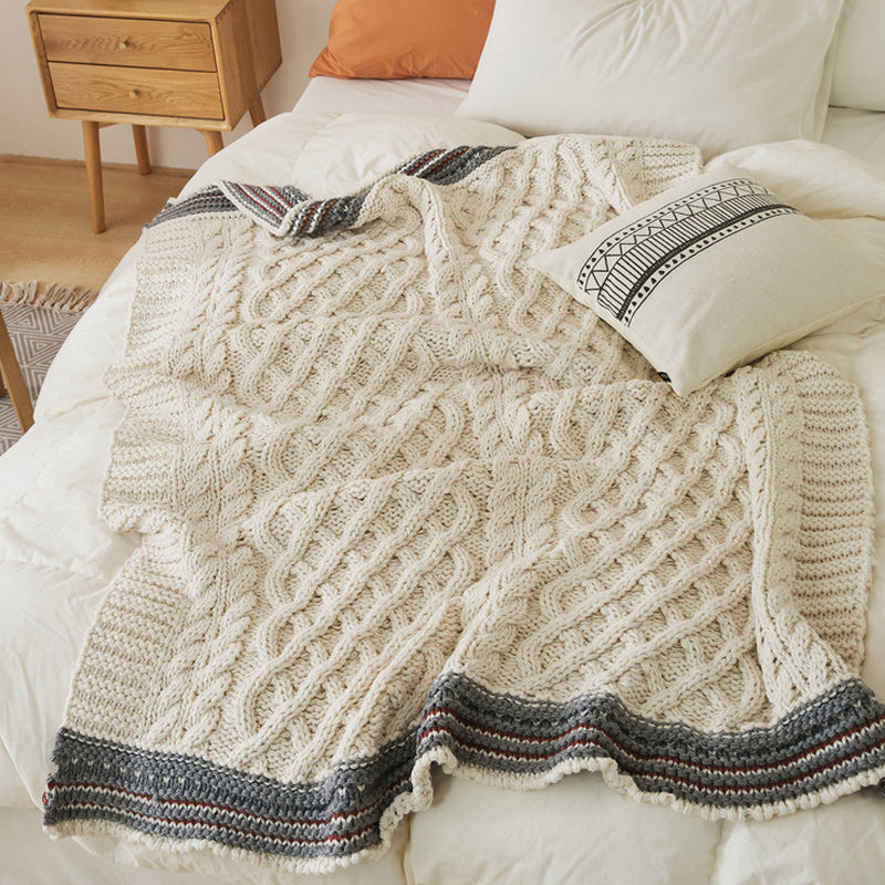 Soft Acrylic Throw Cable Knit Blanket Beige with Striped Border 130x160cm