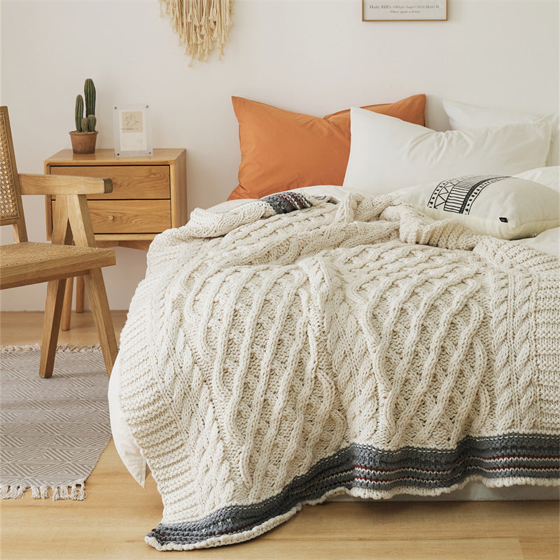 Soft Acrylic Throw Cable Knit Blanket Beige with Striped Border 130x160cm