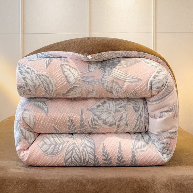 Winter Warm Jacquard Leaf Milk Velvet Comforter Plush Blanket 200x230cm Pink