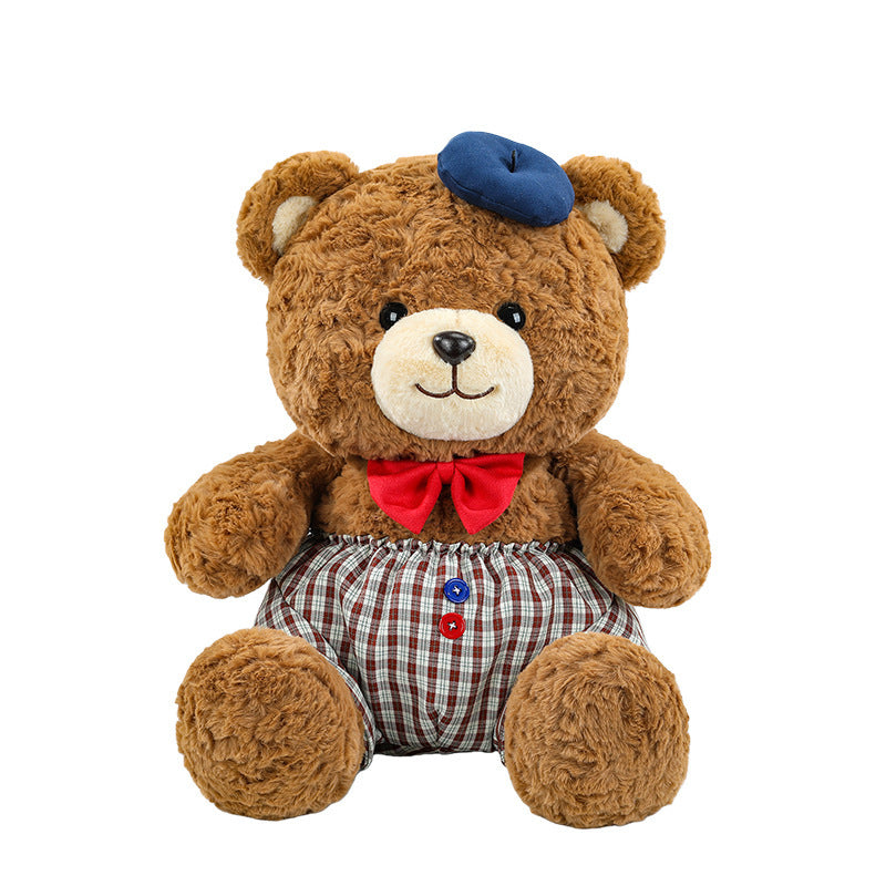 Jumbo Checkered Bear Plush Toy Soft Big Teddy Bear with Beret & Red Bow 90cm