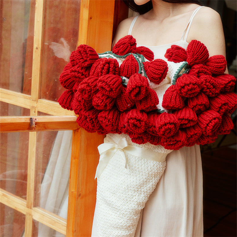 Rose Bouquet Knitted Round Blanket Cozy Tassel Throw 150cm Diameter