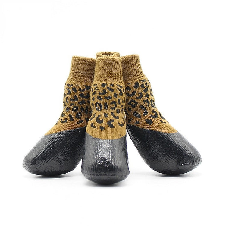 Pet Dog WaterProof Rain Shoes Boots Socks Non-slip Rubber Socks Yellow Leopard