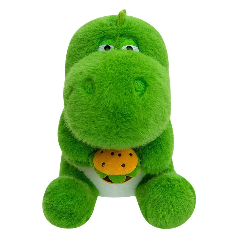 Cute Green Dinosaur Plush Toy Soft Stuffed Dino Holding Hamburger 65cm