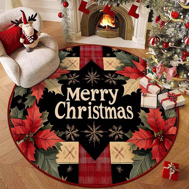 Christmas Round Area Rug Festive Poinsettia & Plaid Holiday Floor Mat 120cm