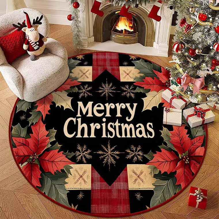 Christmas Round Area Rug Festive Poinsettia & Plaid Holiday Floor Mat 120cm