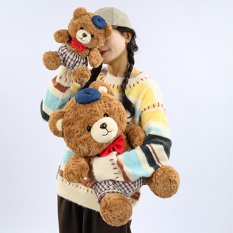 Jumbo Checkered Bear Plush Toy Soft Big Teddy Bear with Beret & Red Bow 90cm