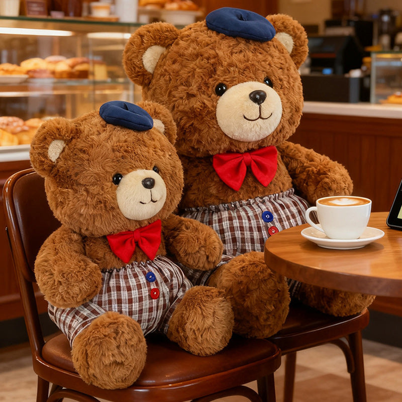 Jumbo Checkered Bear Plush Toy Soft Big Teddy Bear with Beret & Red Bow 90cm