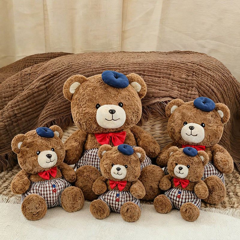 Jumbo Checkered Bear Plush Toy Soft Big Teddy Bear with Beret & Red Bow 90cm