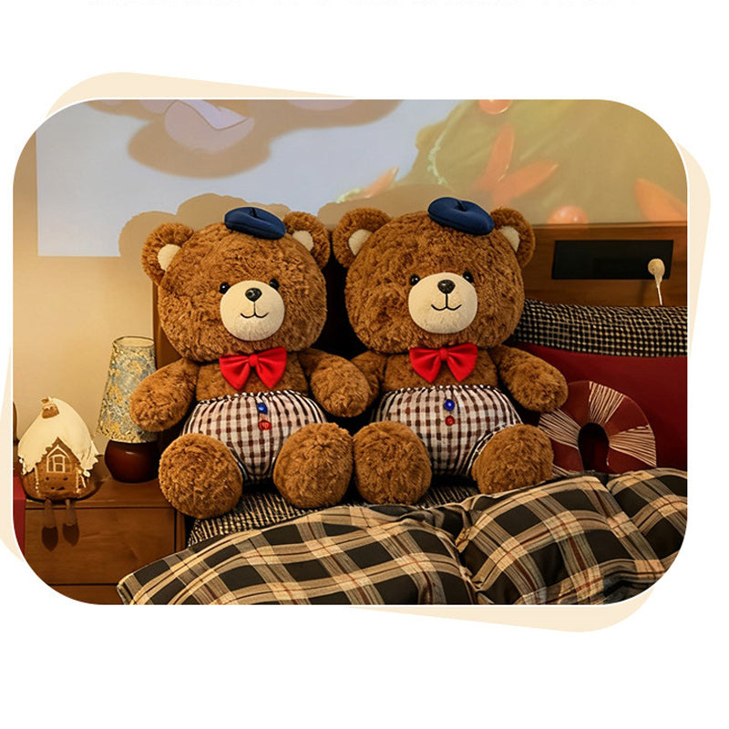 Jumbo Checkered Bear Plush Toy Soft Big Teddy Bear with Beret & Red Bow 90cm