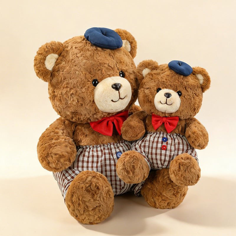 Jumbo Checkered Bear Plush Toy Soft Big Teddy Bear with Beret & Red Bow 90cm