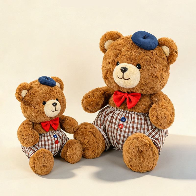 Jumbo Checkered Bear Plush Toy Soft Big Teddy Bear with Beret & Red Bow 90cm