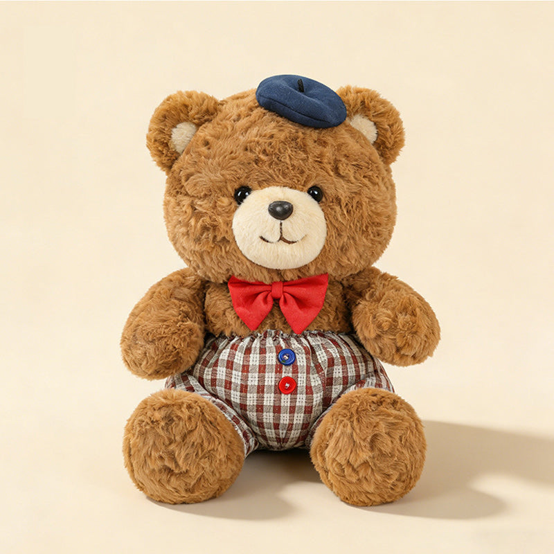 Jumbo Checkered Bear Plush Toy Soft Big Teddy Bear with Beret & Red Bow 90cm