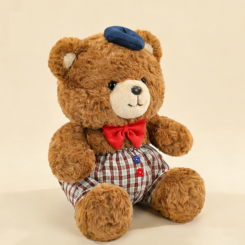 Jumbo Checkered Bear Plush Toy Soft Big Teddy Bear with Beret & Red Bow 90cm