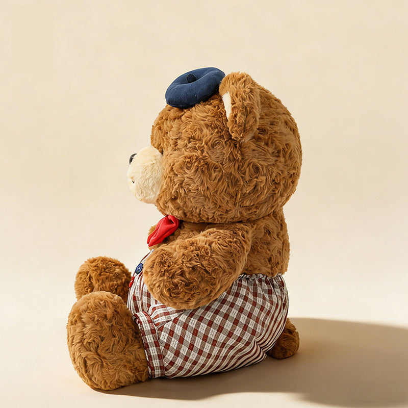 Jumbo Checkered Bear Plush Toy Soft Big Teddy Bear with Beret & Red Bow 90cm