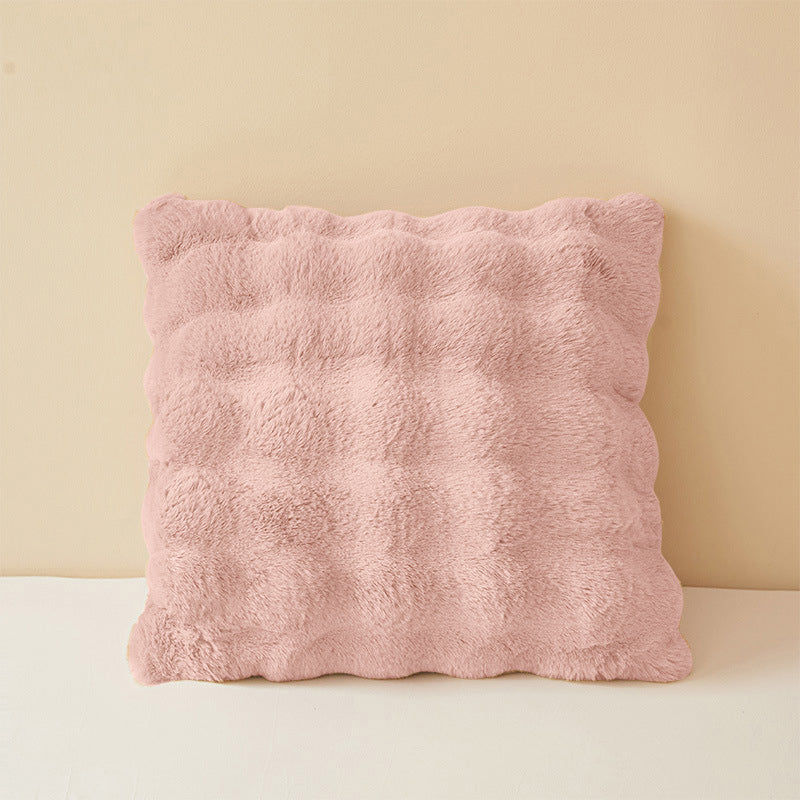 Super Soft Faux Rabbit Plush Square Cushion Sofa Pillow Cover Pink