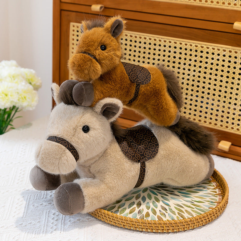Cute Lying Horse Plush Toy Soft Brown Stuffed Animal with Saddle Detail 60cm