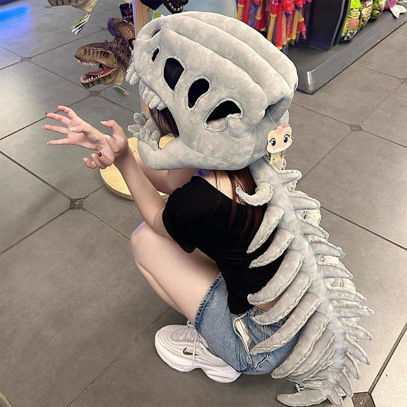 Dinosaur Skeleton Plush Hoodie Funny T-Rex Bone Costume with Spine & Tail