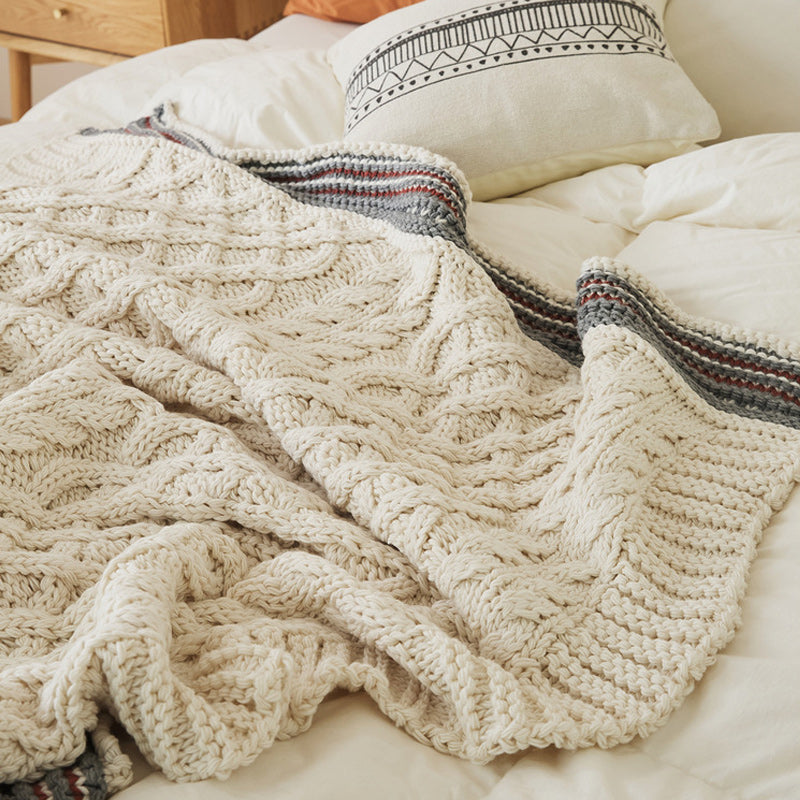 Soft Acrylic Throw Cable Knit Blanket Beige with Striped Border 130x160cm