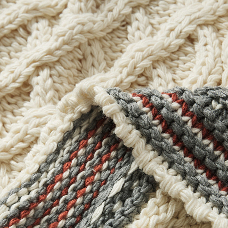 Soft Acrylic Throw Cable Knit Blanket Beige with Striped Border 130x160cm