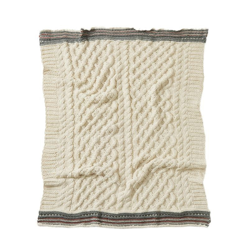 Soft Acrylic Throw Cable Knit Blanket Beige with Striped Border 130x160cm