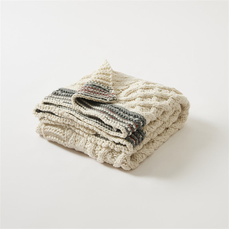 Soft Acrylic Throw Cable Knit Blanket Beige with Striped Border 130x160cm