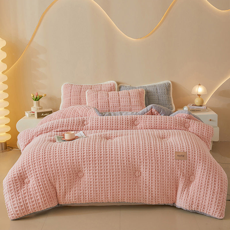 Thick Winter Warm Quilt Reversible Waffle Plush Comforter 200x230cm Pink