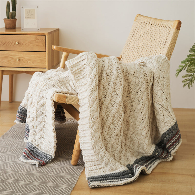 Soft Acrylic Throw Cable Knit Blanket Beige with Striped Border 130x160cm