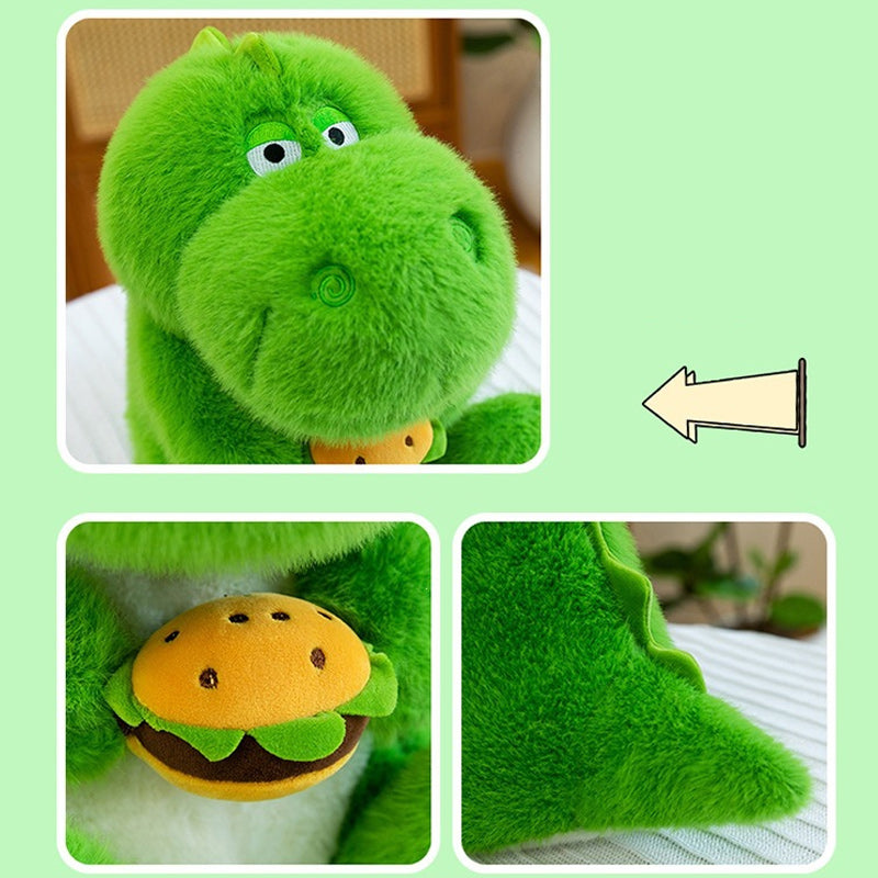 Cute Green Dinosaur Plush Toy Soft Stuffed Dino Holding Hamburger 65cm