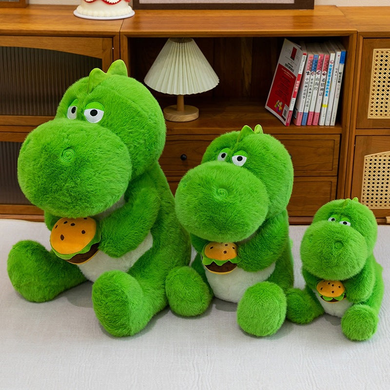 Cute Green Dinosaur Plush Toy Soft Stuffed Dino Holding Hamburger 65cm