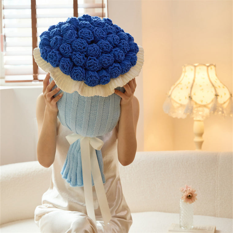 Knitted Acrylic Flower Hug Pillow Stuffed 16×45cm Blue