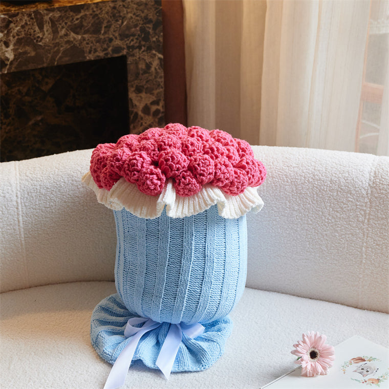Knitted Acrylic Flower Hug Pillow Stuffed 22×60cm Hotpink