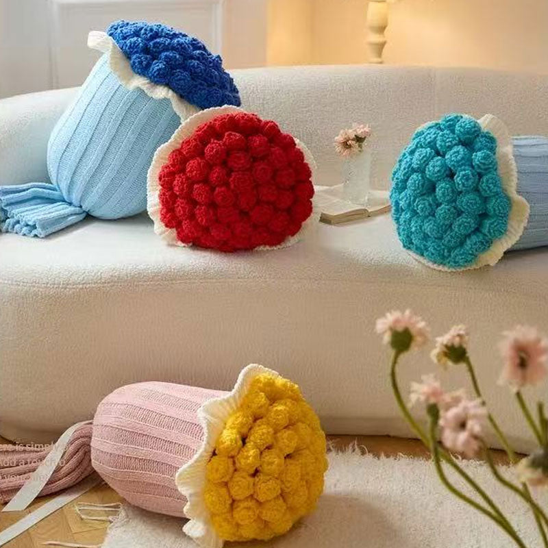 Knitted Acrylic Flower Hug Pillow Stuffed 22×60cm Blue