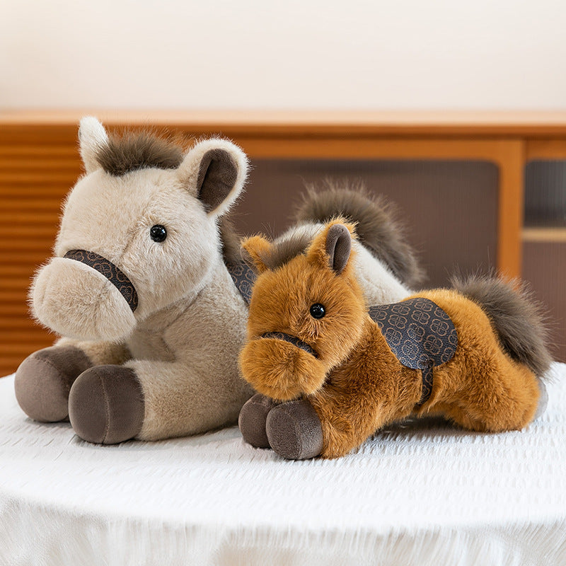 Cute Lying Horse Plush Toy Soft Brown Stuffed Animal with Saddle Detail 60cm