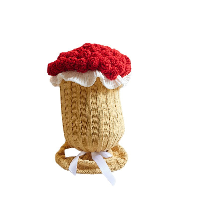 Knitted Acrylic Flower Hug Pillow Stuffed 22×60cm Red