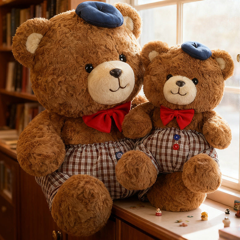 Jumbo Checkered Bear Plush Toy Soft Big Teddy Bear with Beret & Red Bow 90cm