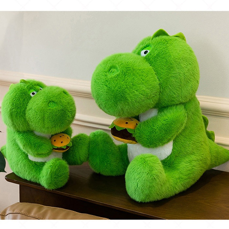 Cute Green Dinosaur Plush Toy Soft Stuffed Dino Holding Hamburger 65cm
