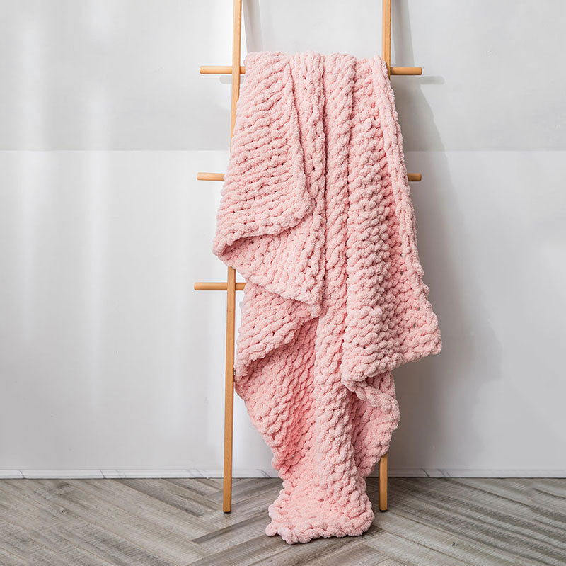 Soft Knitted Chenille Chunky Yarn Blanket Throw Rug 130x160cm Pink